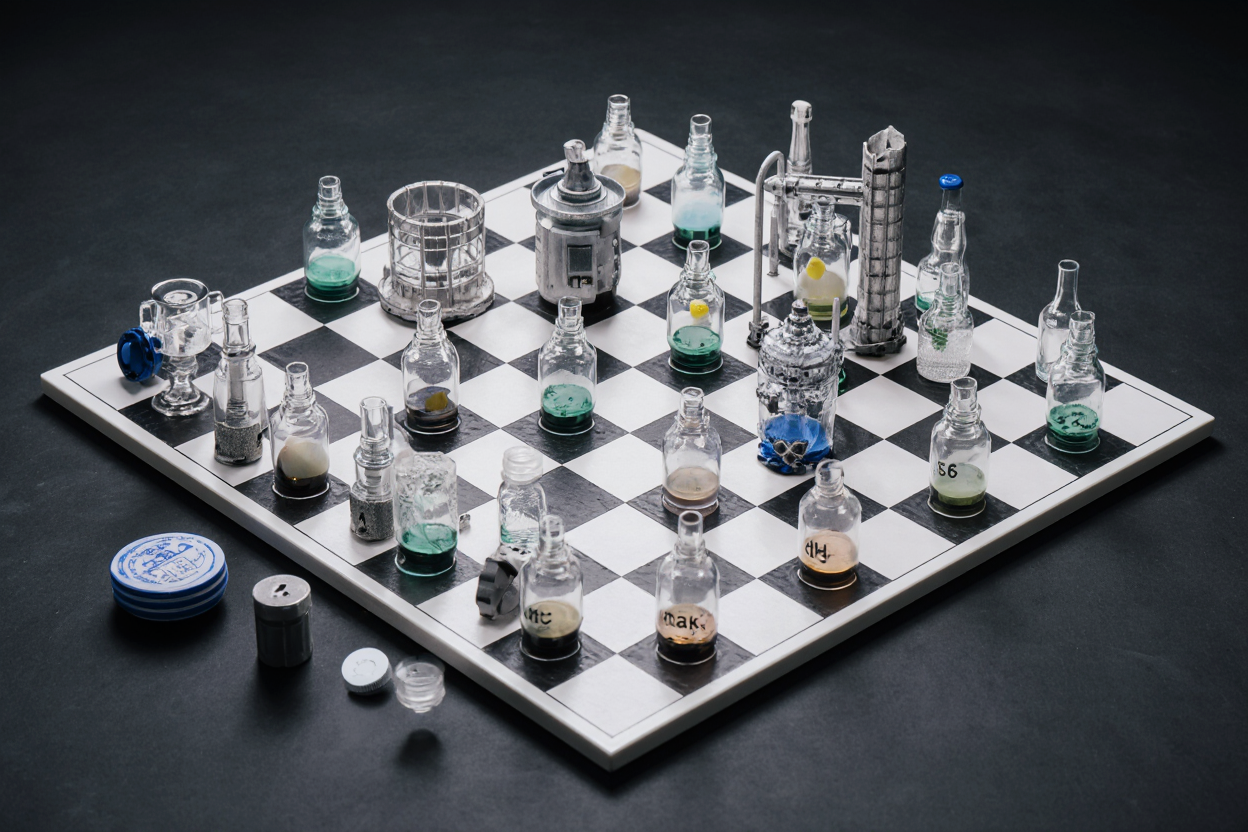 A chessboard with vials and factory silos as pieces, a strategic choice of an investor in the field of medical technology A chessboard with vials and factory silos as pieces, a strategic choice of an investor in the field of medical technology